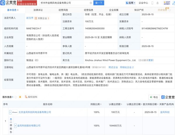 奕汇网 金风科技在山西忻州成立风电设备新公司
