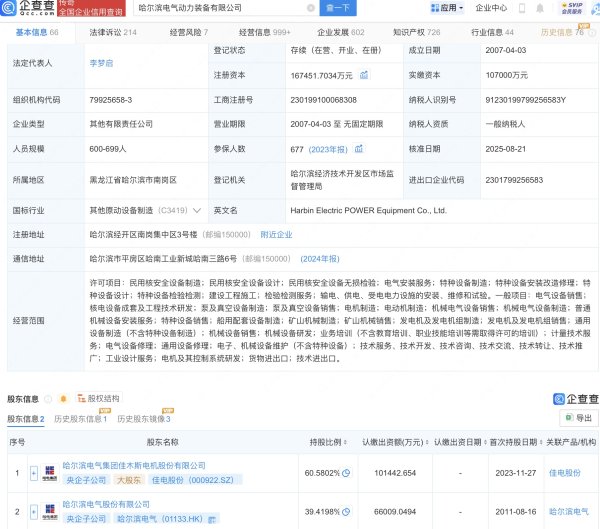 中证所 佳电股份、哈尔滨电气合资公司增资至16.7亿，增幅约56%